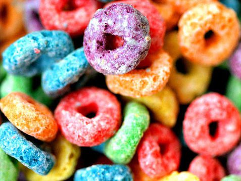 Close up of rainbow colored cereal.