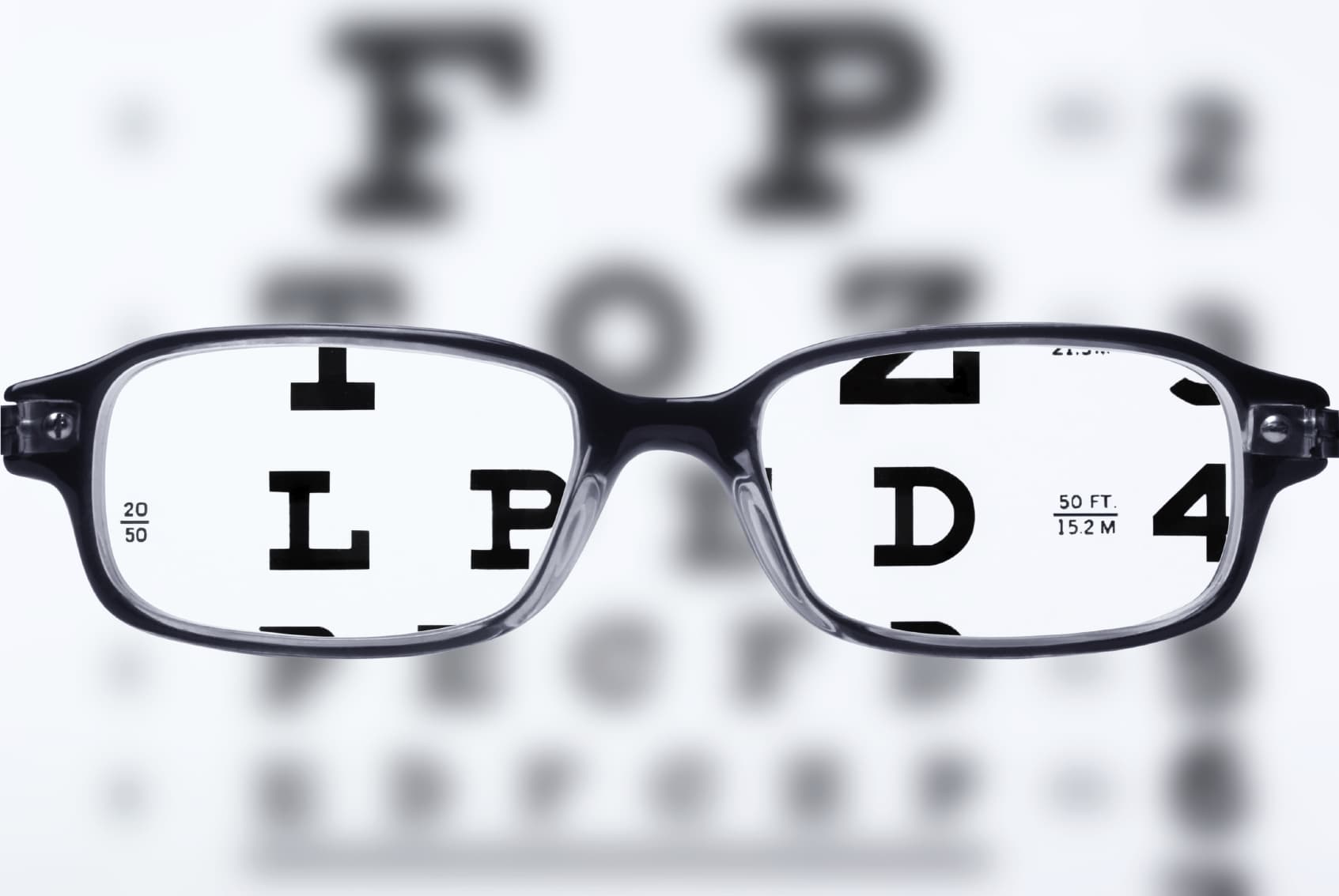 Photo through the lens of glasses looking at an eye chart.