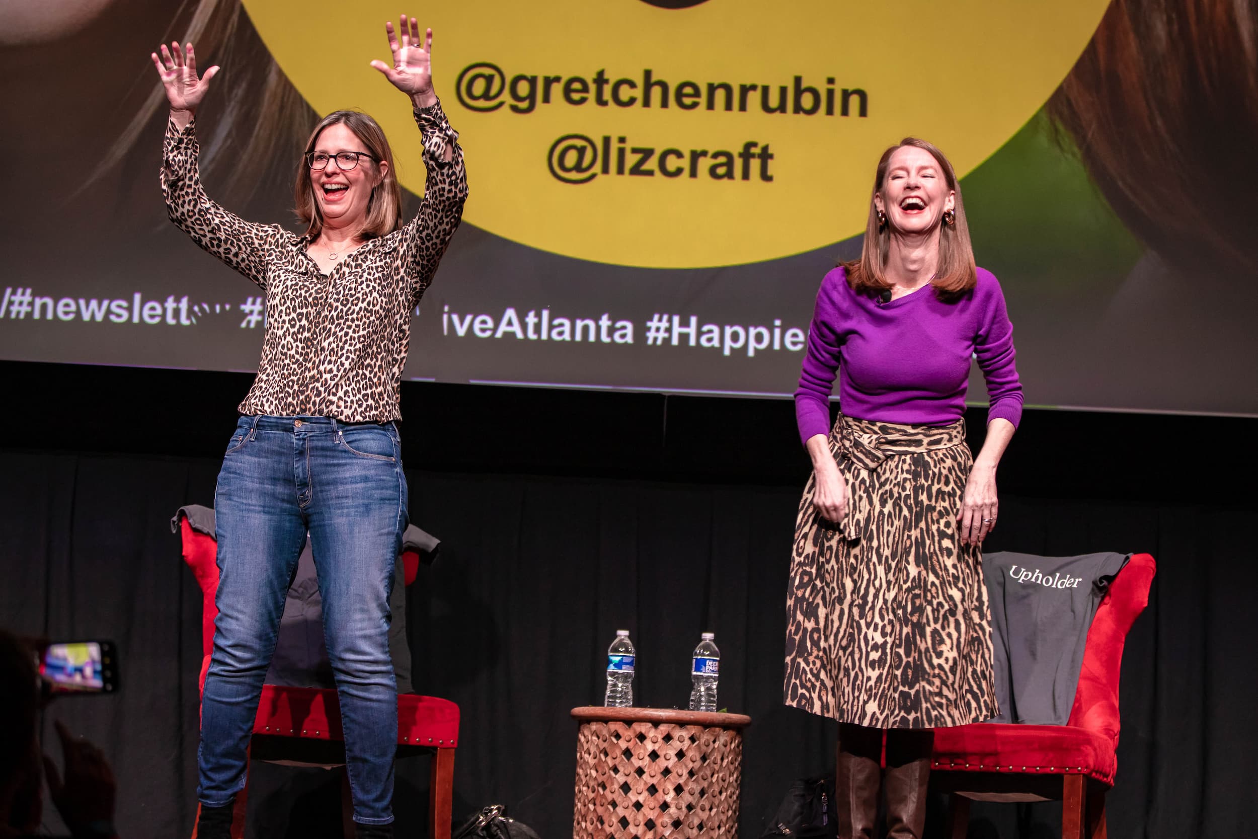 Gretchen and Liz on stage at Happier Hour