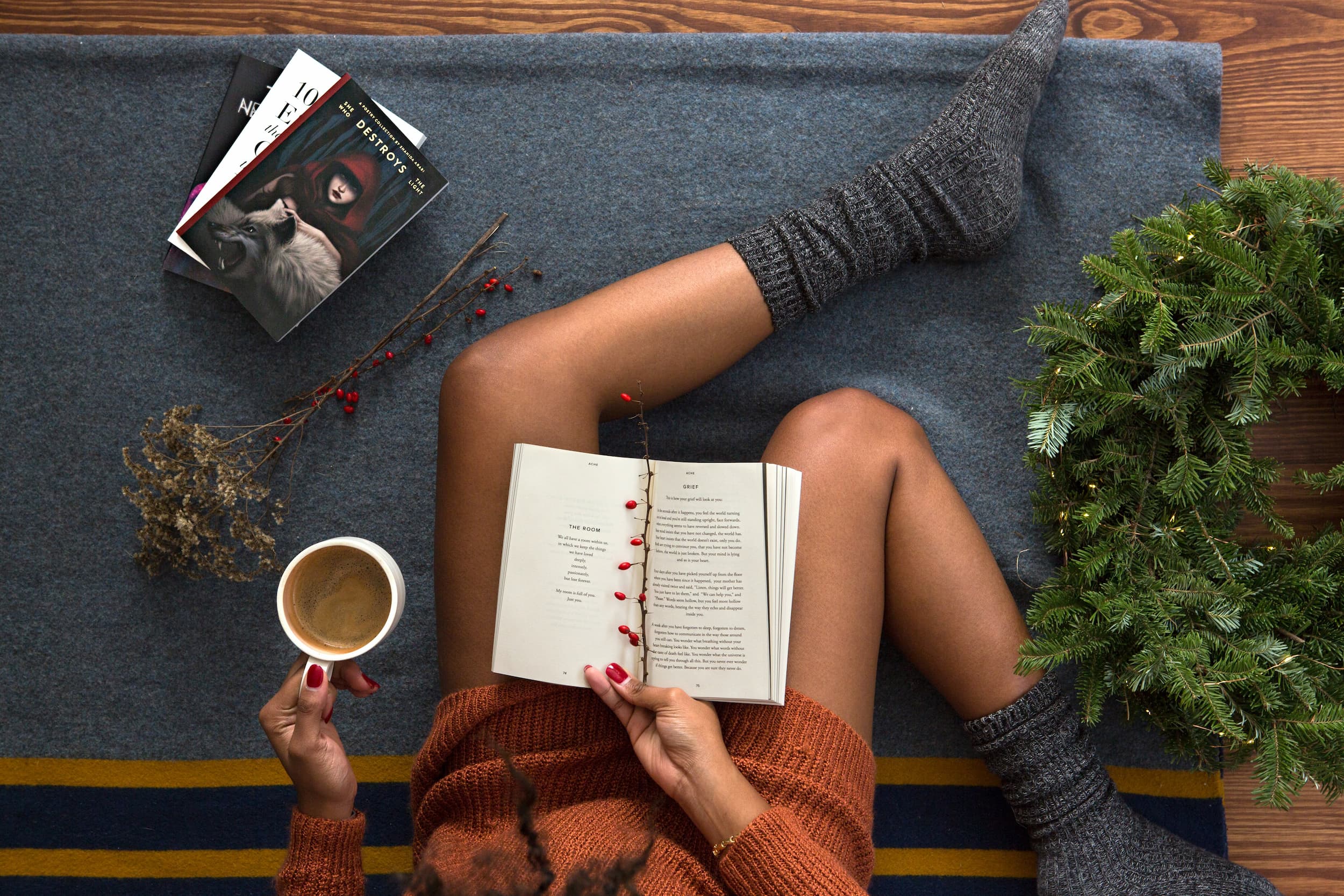 Woman reading during holiday season