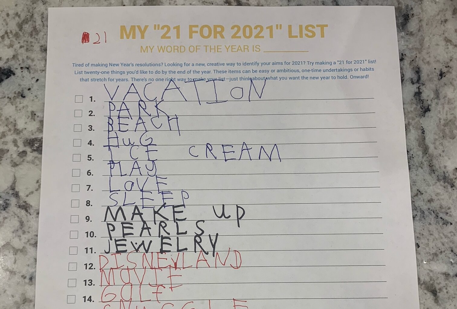 List made by a Happier listener's six-year-old